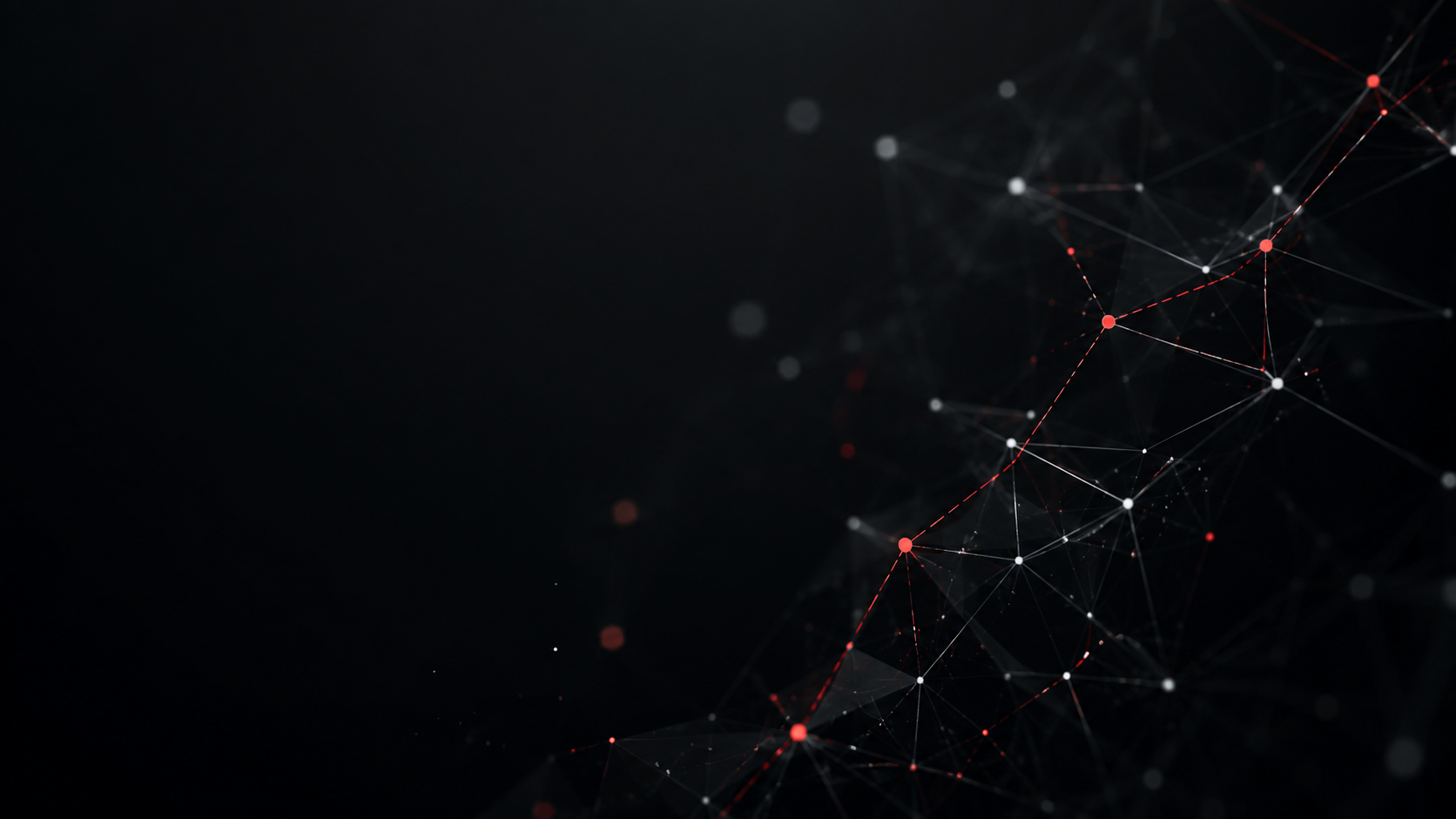 Digital abstract background with interconnected white and red dots and lines on a black background.
