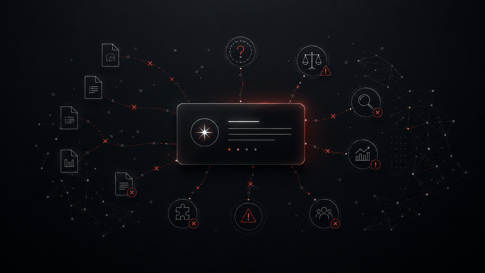 A digital graphic with a central information card surrounded by interconnected legal, data, alert, and analysis icons on a dark background.