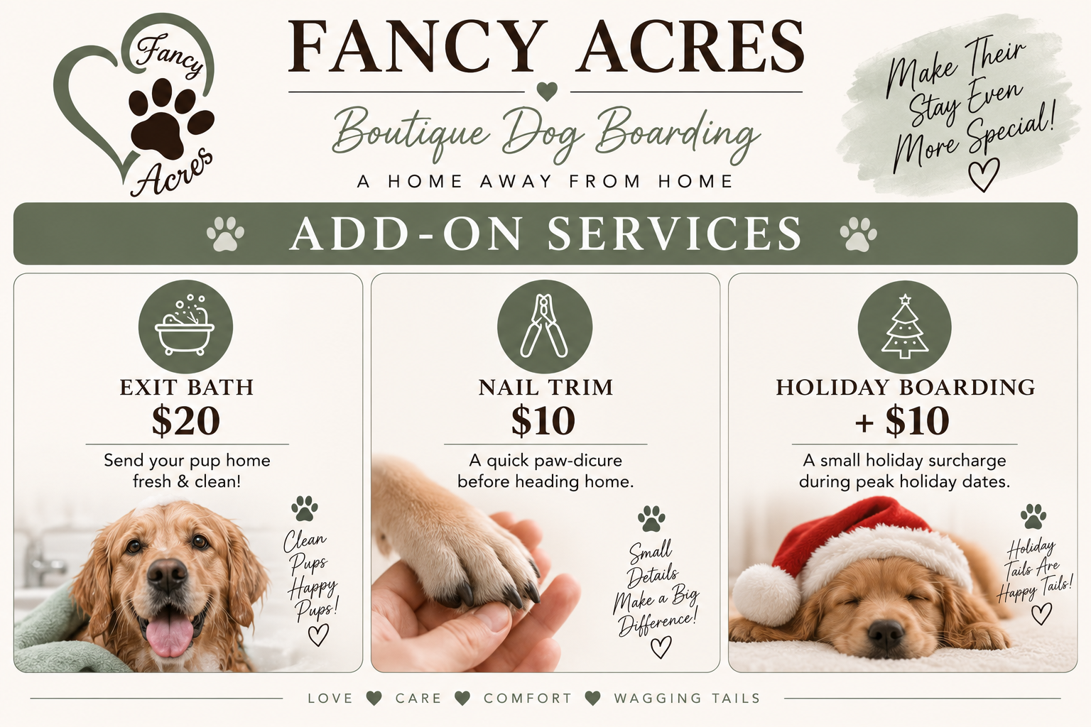 A flyer for Fancy Acres Boutique Dog Boarding advertising add-on services including exit bath, nail trim, and holiday boarding, with pictures of happy and sleeping dogs in holiday attire.