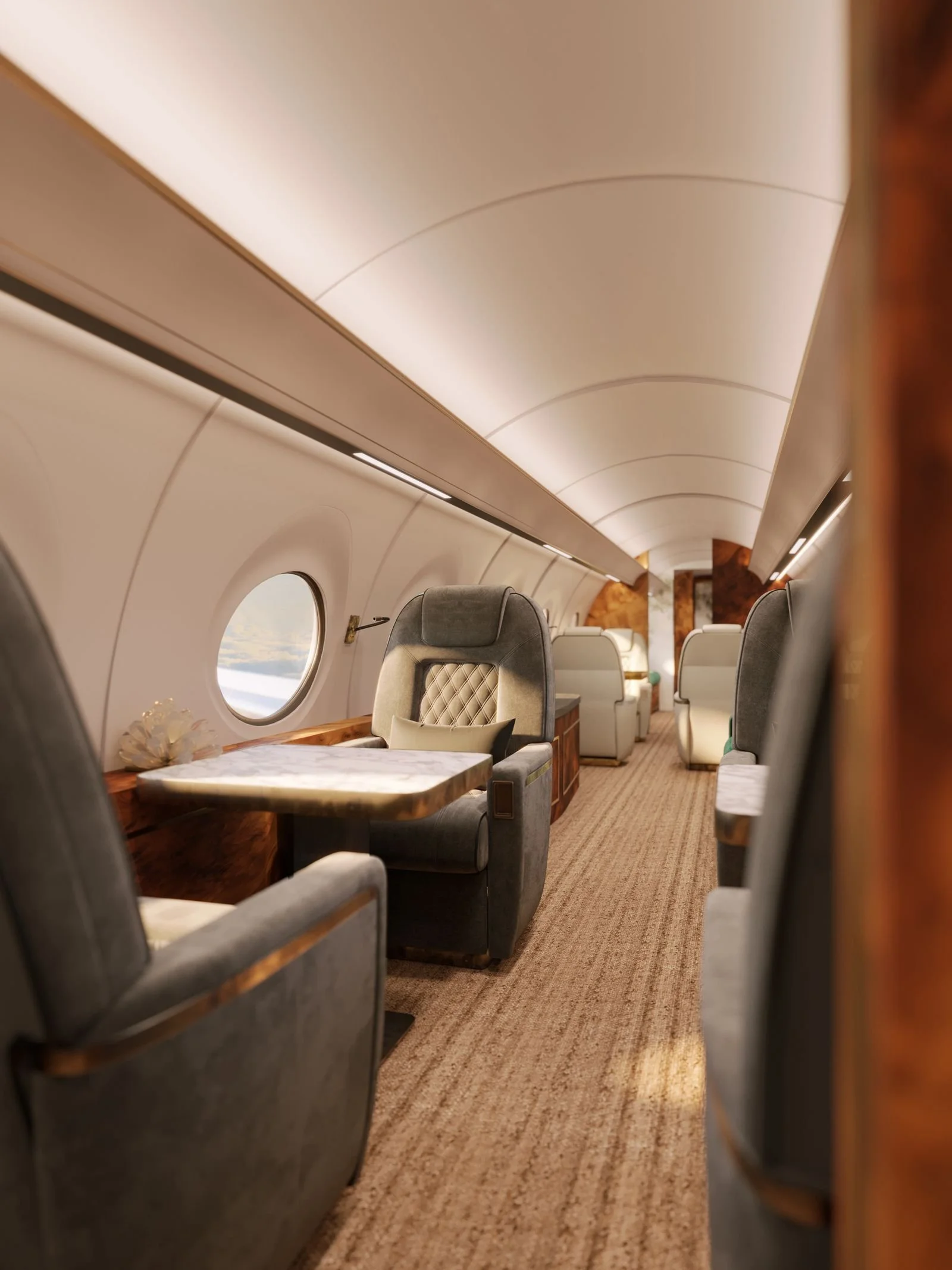 Interior of an airplane cabin with gray upholstered seats, a window showing clouds and sky, and a beige carpeted floor.