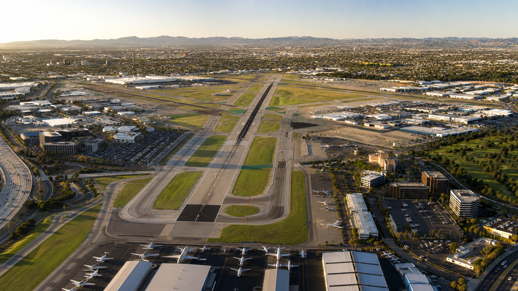 Aerial view of a large, modern airport with runways, taxiways, terminals, and parked airplanes, surrounded by urban buildings and green spaces, under a clear sky at sunset.