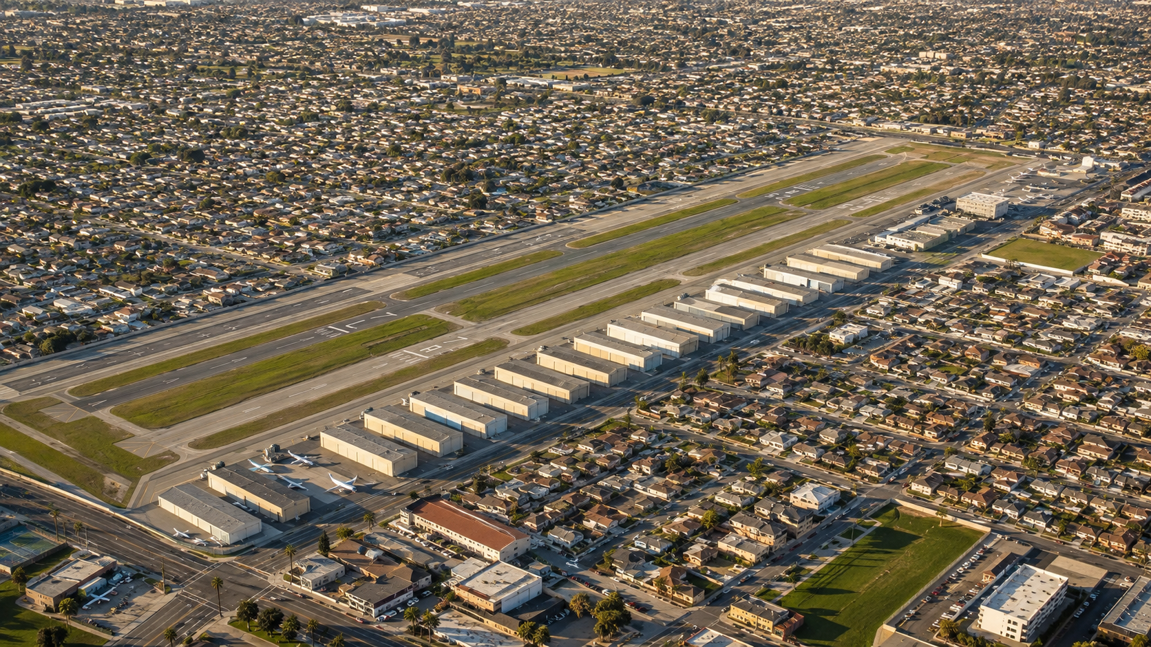 Aerial view of an airport with runways, taxiways, and airplane hangars surrounded by a residential neighborhood with houses, roads, and trees.