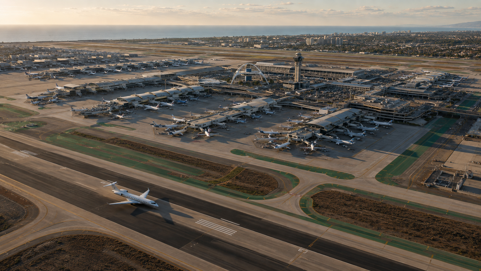 An aerial view of an airport with multiple airplanes parked at the gates, a runway with one plane taking off, a control tower, and the ocean in the background during sunset.