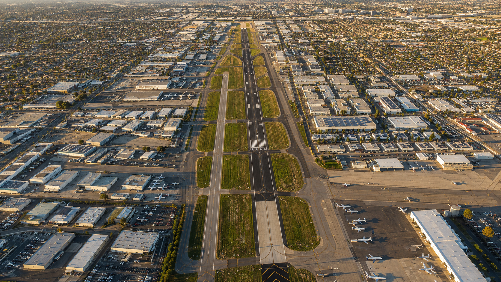 Aerial view of an airport runway with multiple airplanes parked on the tarmac near hangars and terminals, surrounded by a cityscape at sunset.