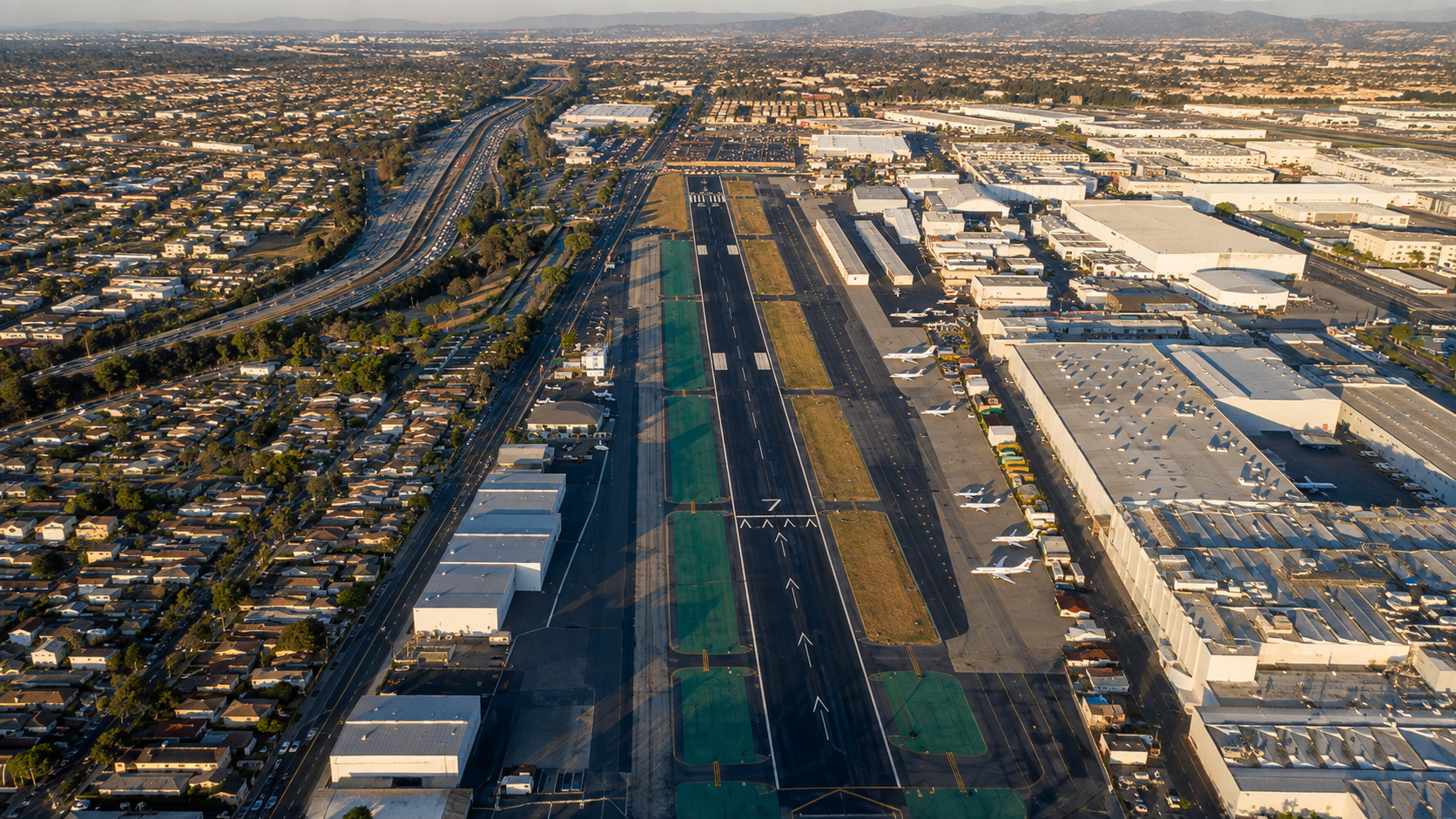 Aerial view of a runway at an airport with surrounding commercial and industrial buildings, highways, and residential areas in the background, during sunset.