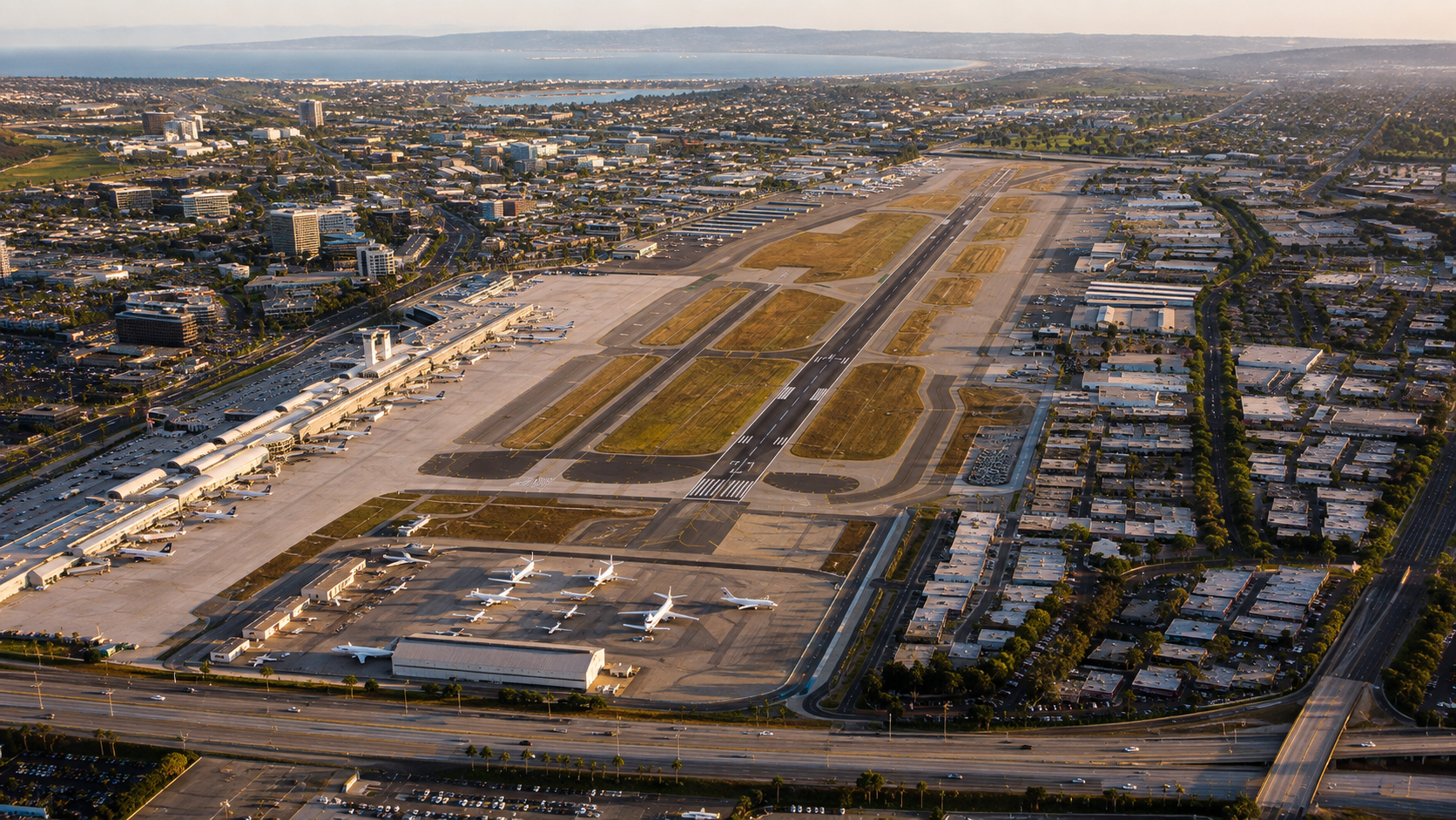 Aerial view of a large airport with multiple runways, taxiways, and parked airplanes. Surrounding buildings, roads, and cityscape are visible in the background.