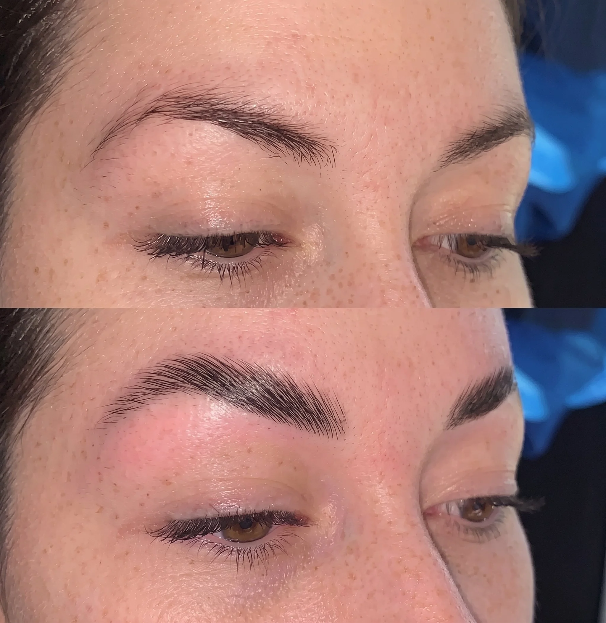 Close-up of closed eye with long eyelashes and well-defined eyebrows, showing skin with freckles and a natural look.