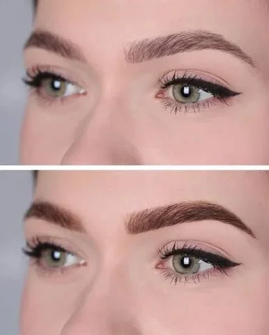Close-up of a woman's face showing a before and after comparison of her eyebrows, with the after image displaying fuller, more defined eyebrows.