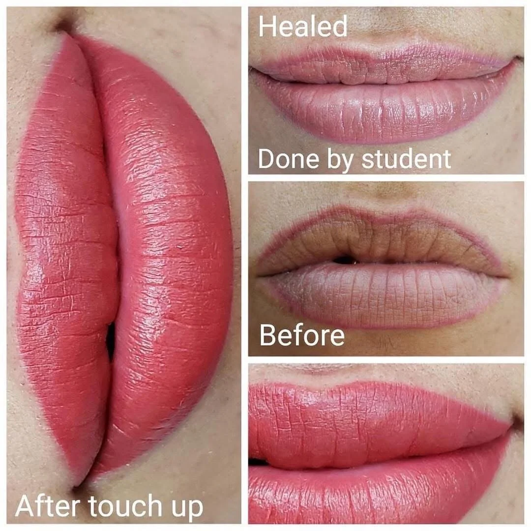 Comparison of lips before, after a touch-up, and healed. The lips are shown with different shades of lipstick or lip balm, demonstrating the results of a cosmetic procedure by a student.