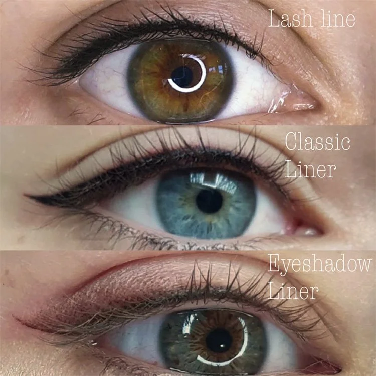 Close-up of three eyes demonstrating different makeup styles: top eye with lash line, middle eye with classic eyeliner, bottom eye with eyeshadow and eyeliner.