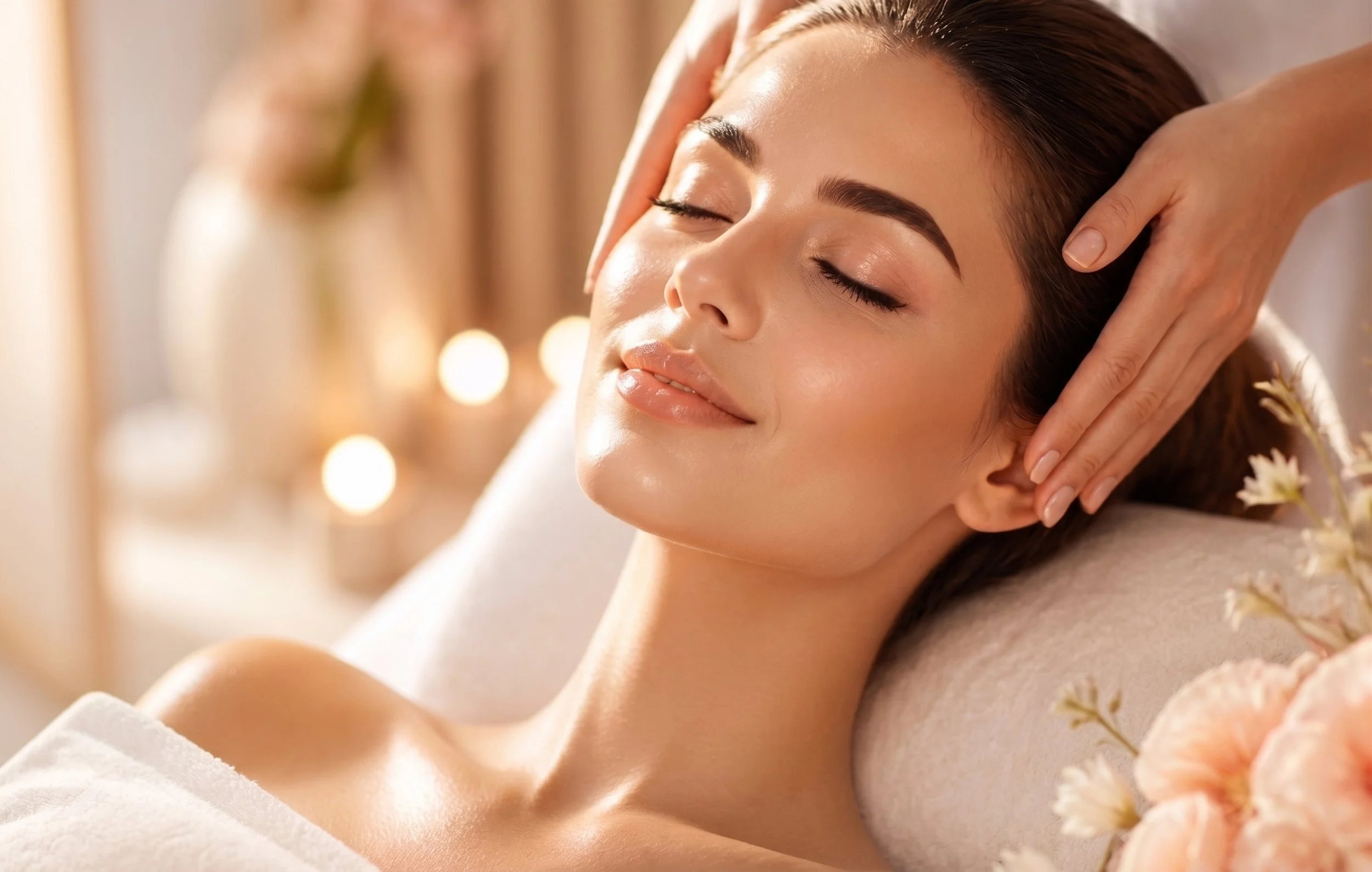 A woman receiving a head massage in a spa setting, with soft lighting and flowers around her.
