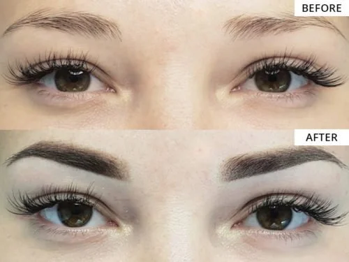 Close-up of eyes showing before and after eyebrow tinting, with fuller, darker eyebrows after treatment.
