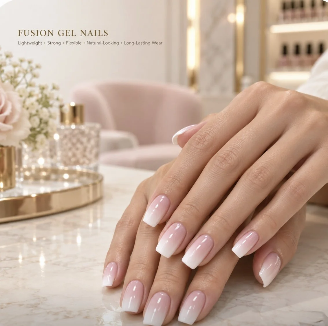 Close-up of a woman's hands with freshly done french gel nails resting on a marble table, with a blurred background of a salon or spa with pastel pink chairs, flowers, and nail polish bottles.