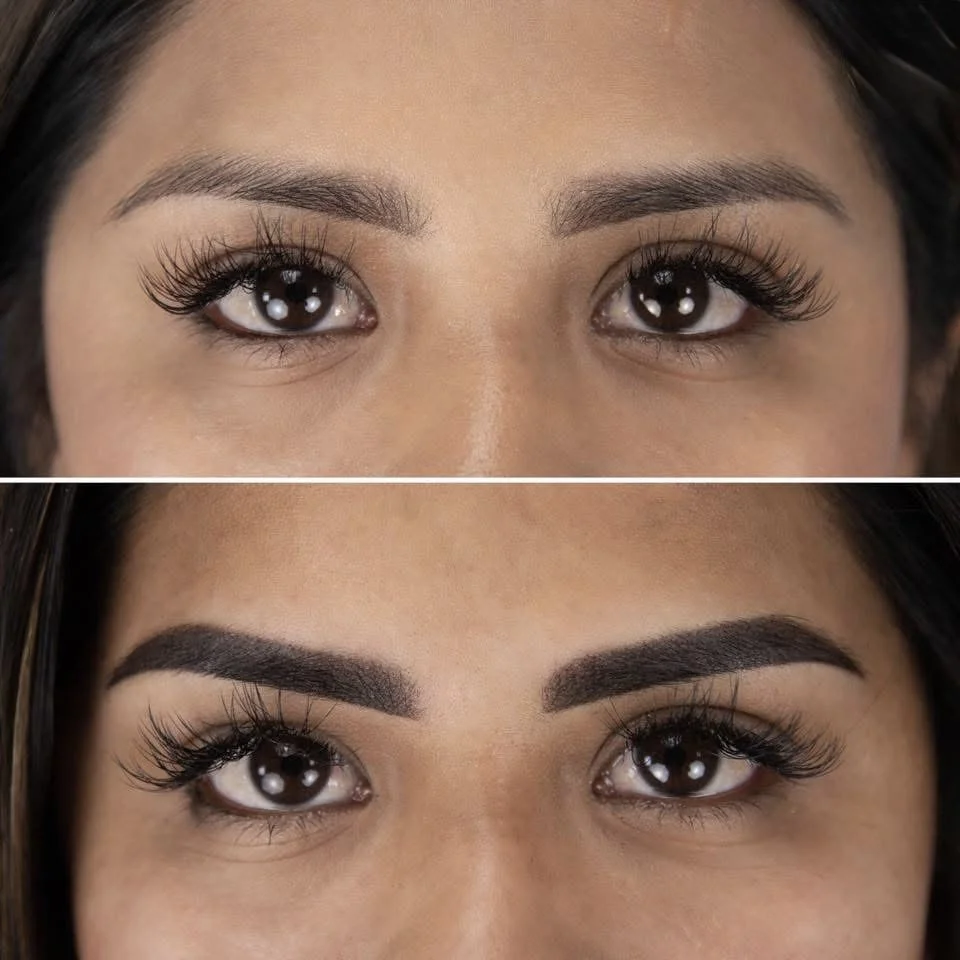 Close-up of a woman's eyes showing a before and after of eyebrow makeup, with the second image displaying darker, more defined eyebrows.