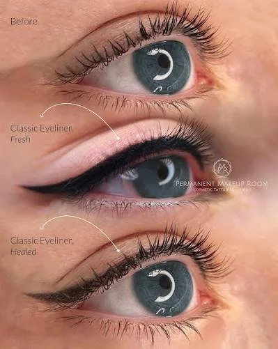 Close-up of a person's eye showing the before and after results of a makeup application, including classic eyeliner and eyelash enhancements.