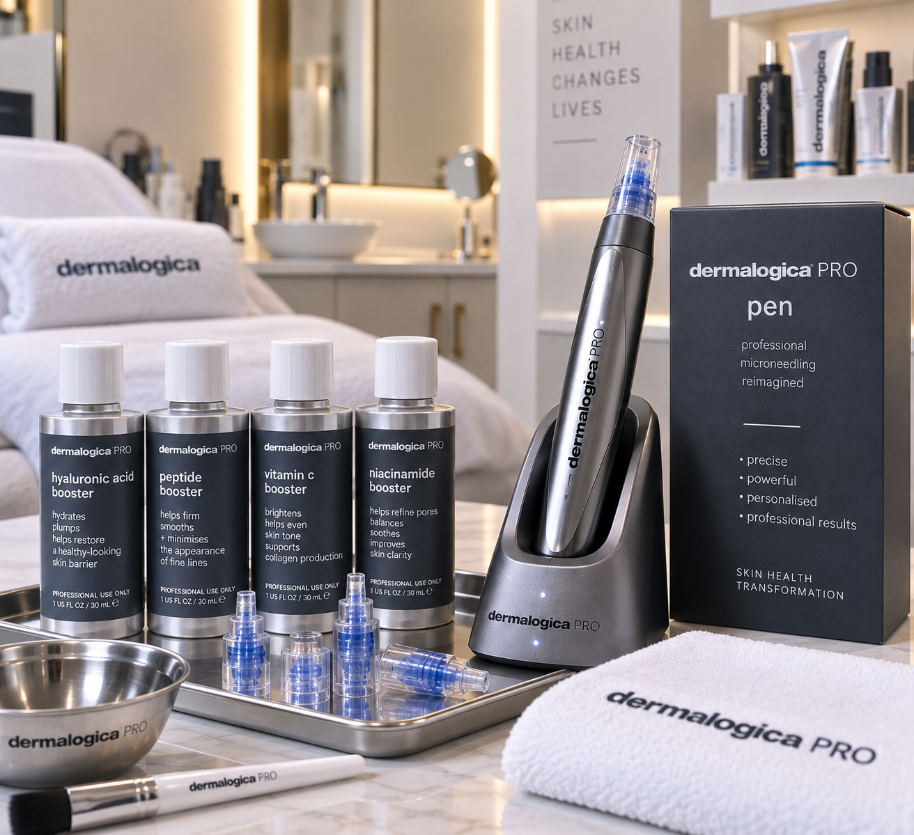 A collection of skincare products and equipment from Dermalogica PRO on a table in a well-lit room. Includes booster bottles, a microneedling pen, small blue needle cartridges, a towel, a metallic bowl, and a box with product information.
