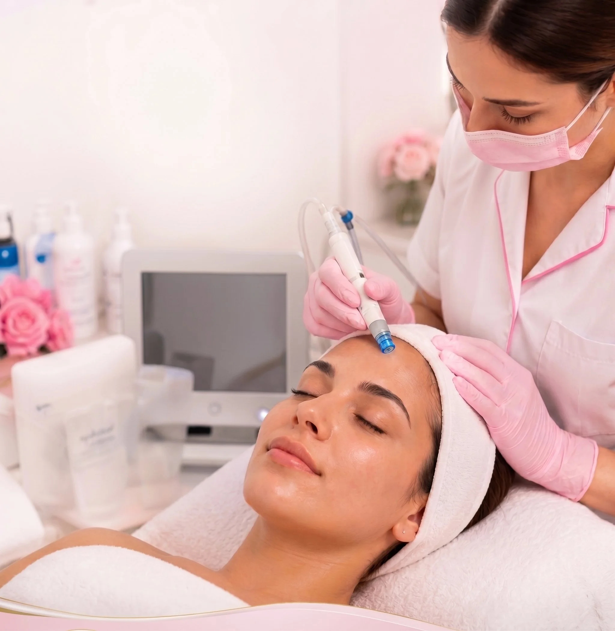 Aesthetician performing a facial treatment on a woman in a spa or skincare clinic. The woman is lying down with her eyes closed, and the aesthetician is holding a skincare device, applying it to the woman's face. The setting is clean and professional, with skincare bottles and a flower in the background.
