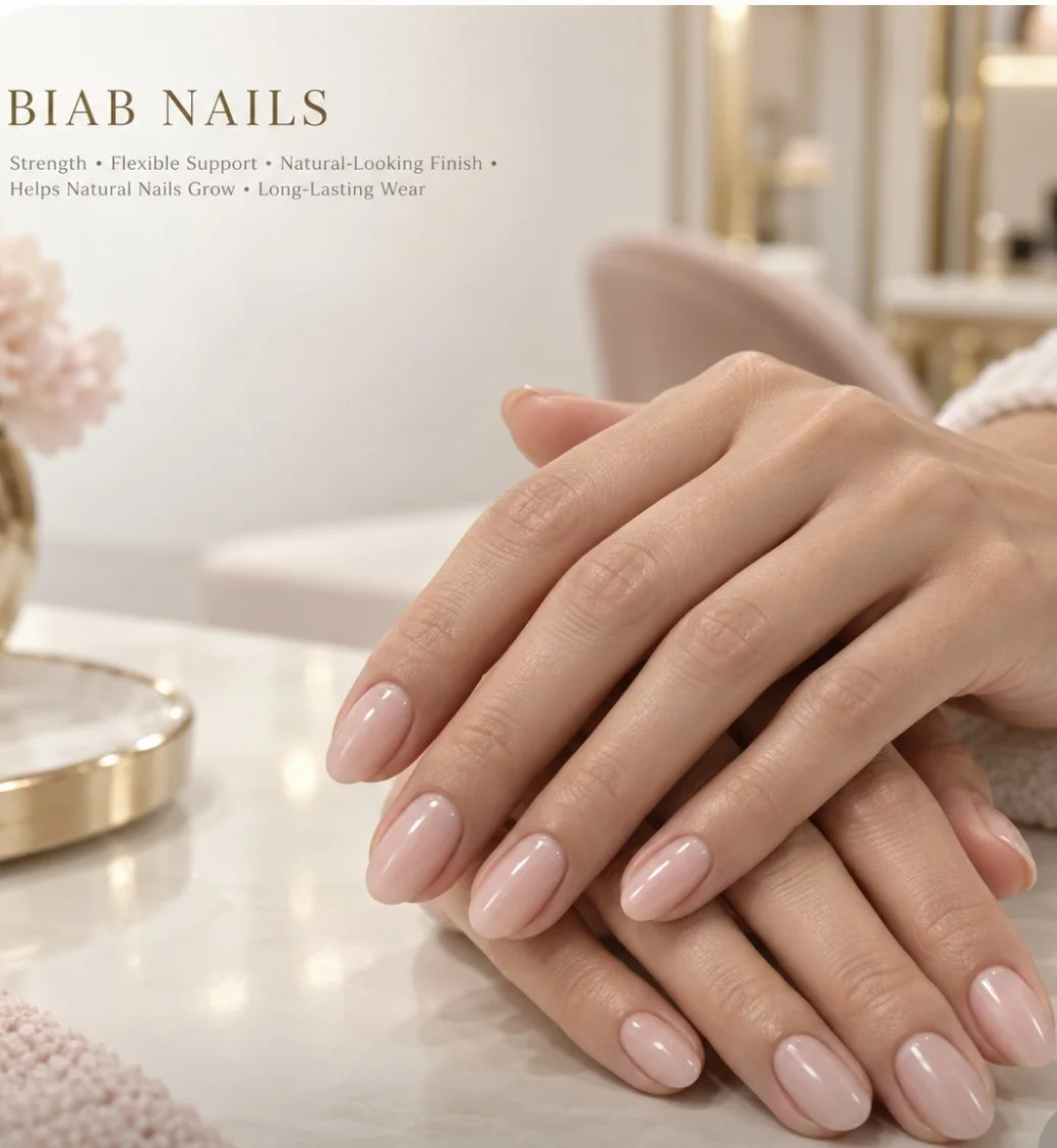 Close-up of neatly manicured hands with light pink, glossy nails resting on a white surface, with a blurred background featuring a nail salon and decorative items.