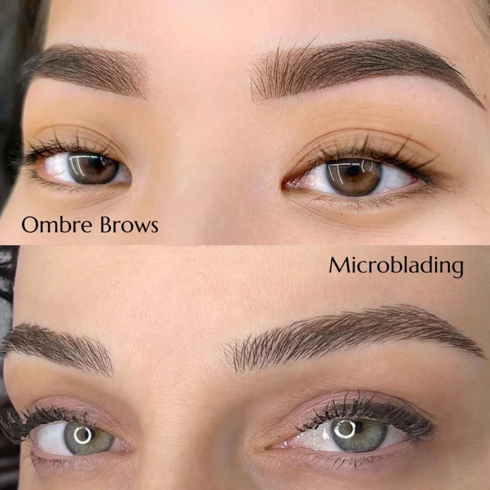 Comparison of eyebrow enhancements, showing a close-up of two women’s eyes and eyebrows. The top label reads 'Ombre Brows,' featuring fuller, shaded eyebrows, while the bottom label reads 'Microblading,' showing more natural, hair-like strokes on the eyebrows.