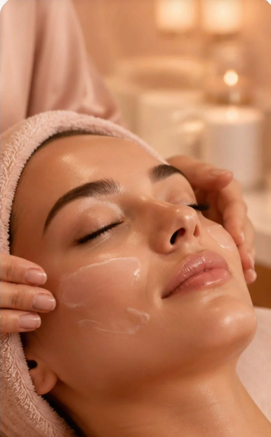 A woman receiving a facial treatment, lying down with her eyes closed, a towel wrapped around her head, and a skincare product being applied to her face by a professional.
