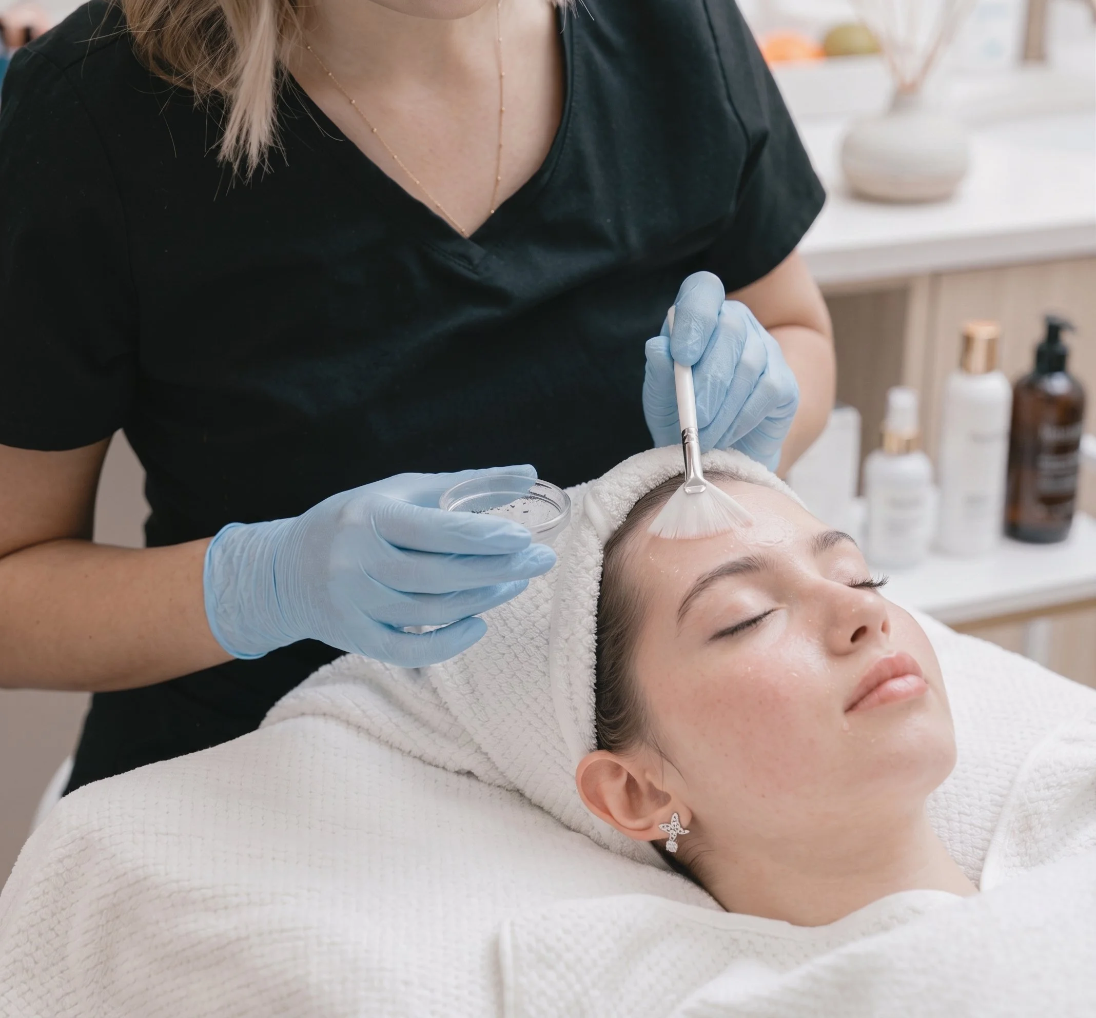 Aesthetic scene of a woman receiving a skincare treatment or facial in a spa or clinic, lying down with her eyes closed, covered with a white towel, while a professional wearing blue gloves applies a product or device to her forehead. The background shows skin care products and equipment.