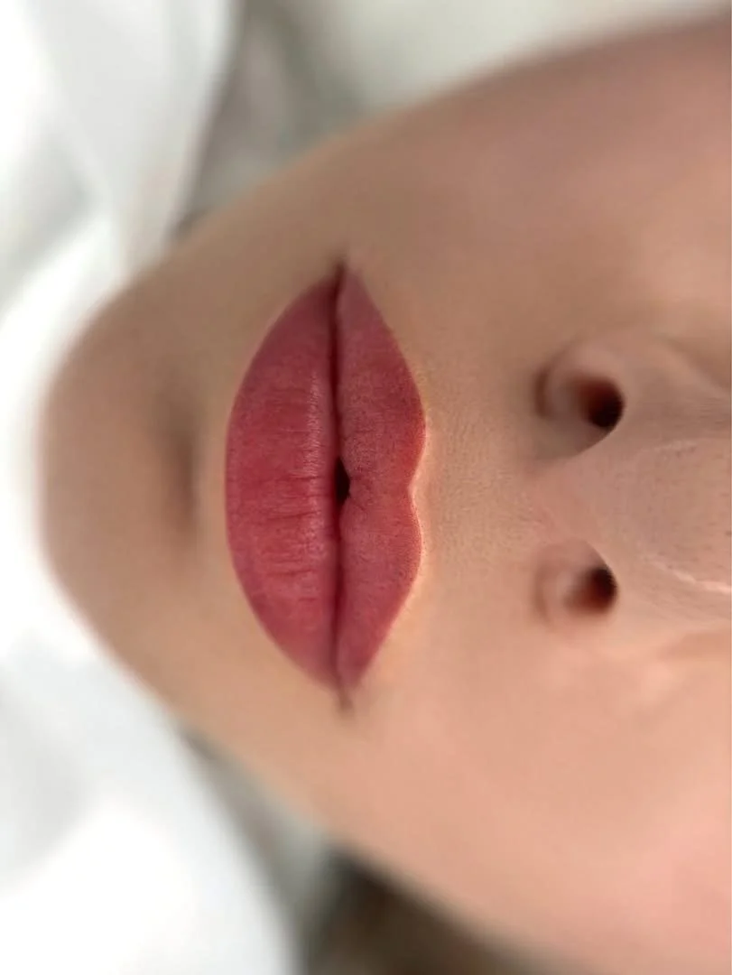 Close-up of a person's lips with neutral lipstick, showing the nose and the lower part of the face.