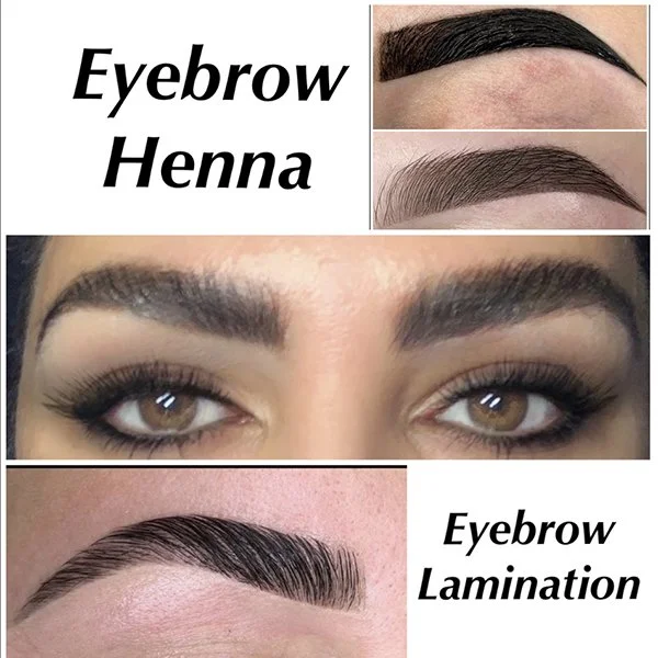 Comparison of eyebrow enhancements showing eyebrow henna, a natural dye, in two shades, and eyebrow lamination with a close-up of groomed, shiny eyebrows.