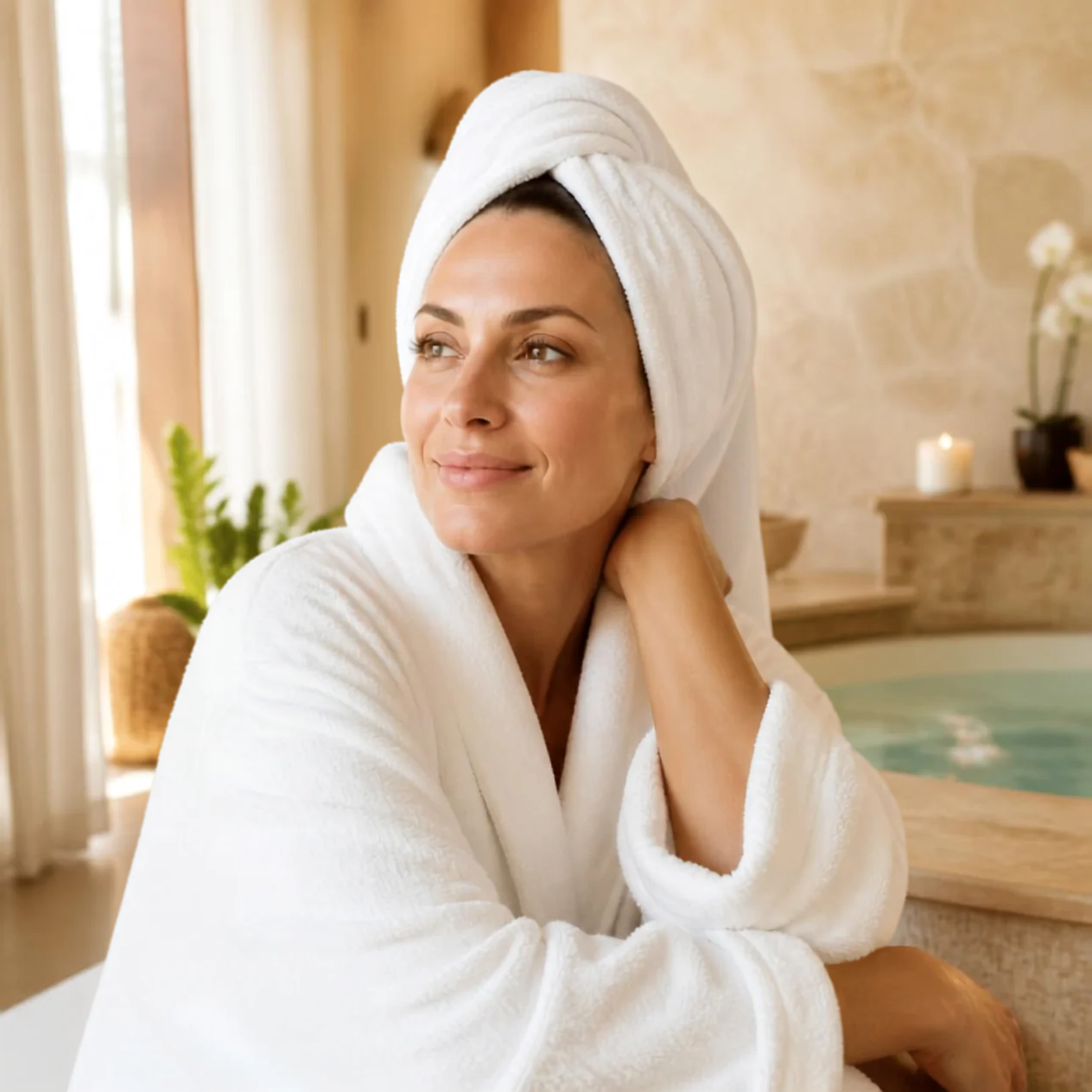 A woman with a towel wrapped around her head and wearing a bathrobe, sitting in a spa or bathroom, smiling softly and looking into the distance.