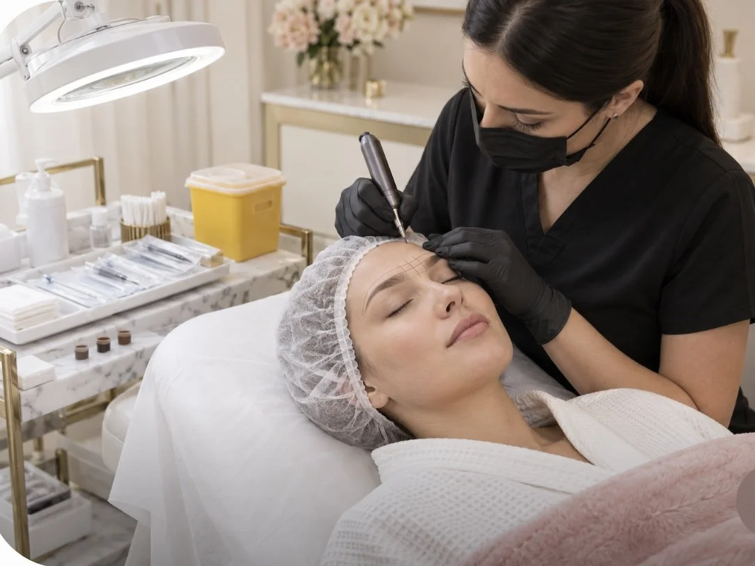 A woman receiving a cosmetic tattoo or permanent makeup procedure on her eyebrows from a technician in a beauty clinic.