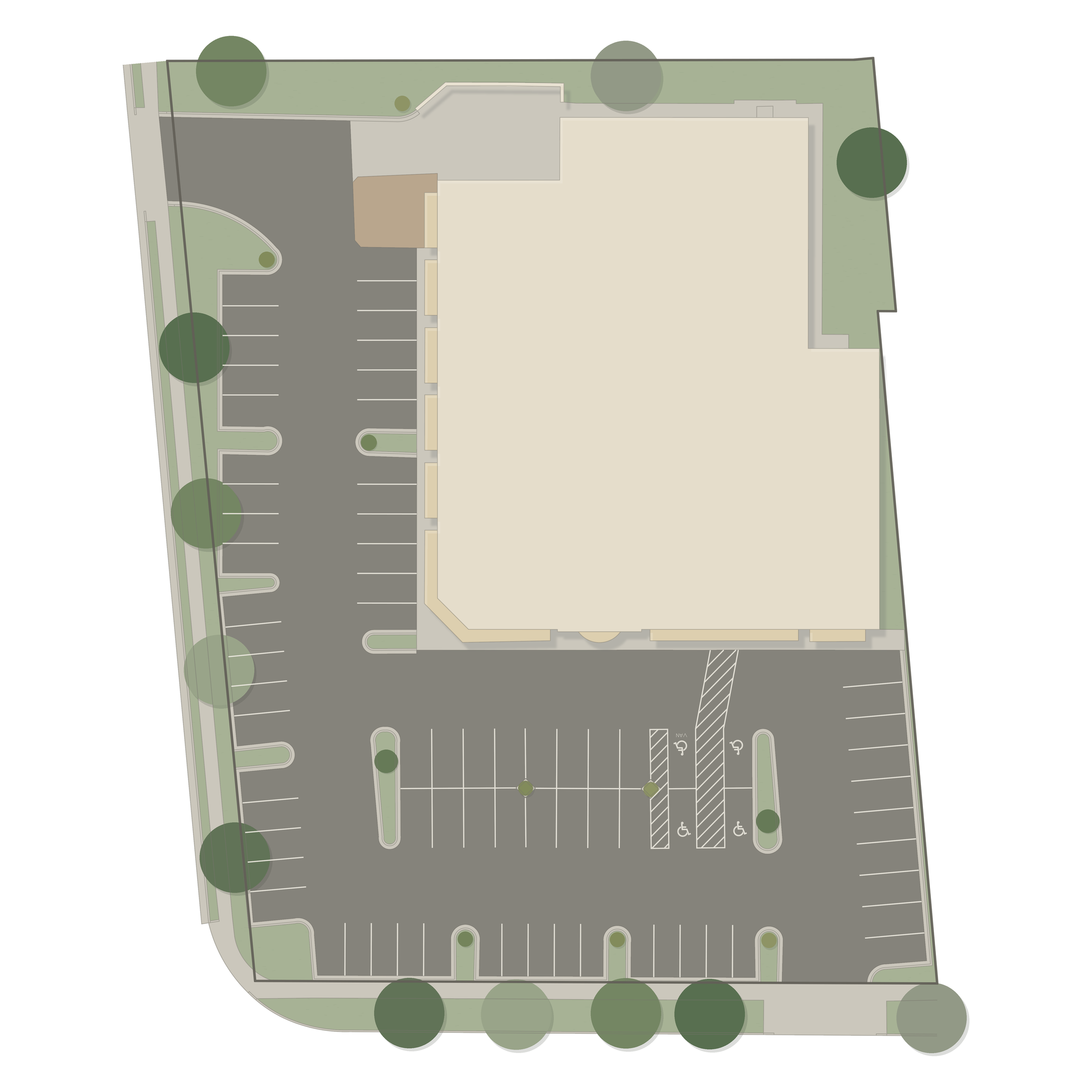 Top-down view of a building and parking lot with green trees and grassy areas.