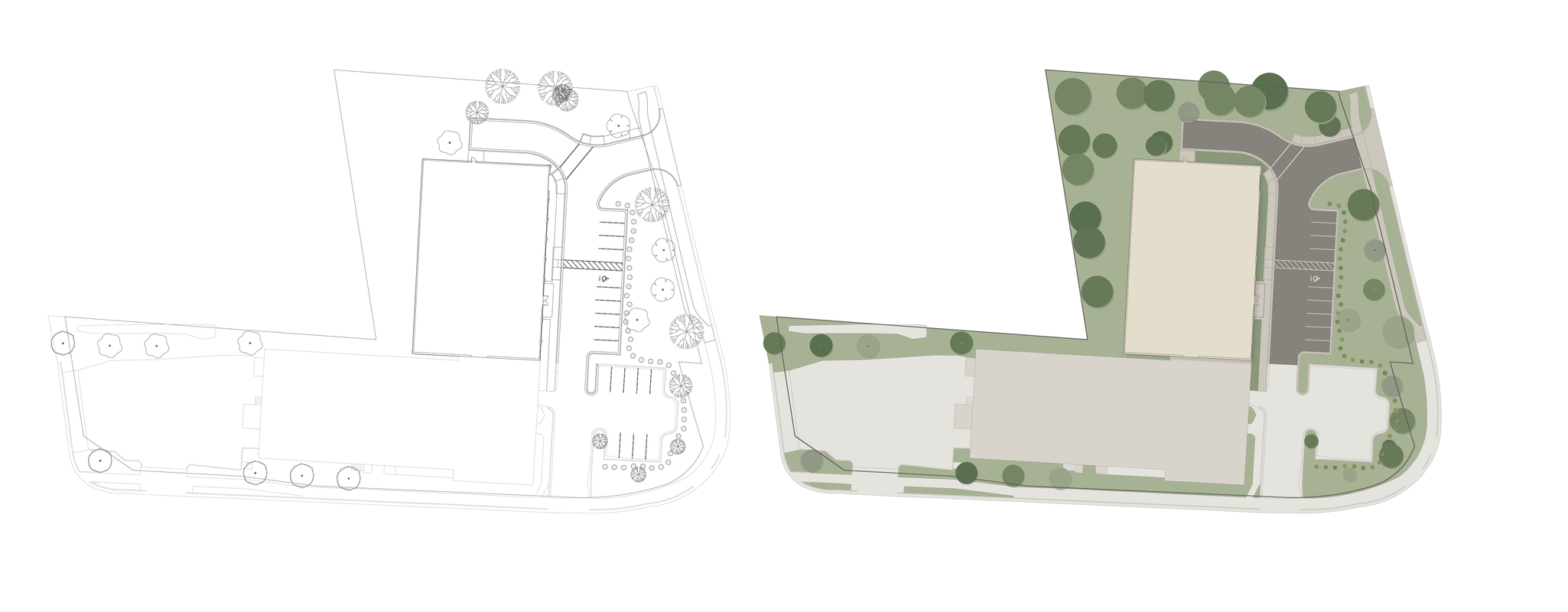 Comparison of two landscaping plans for a property, showing trees, parking lot, and building layout.