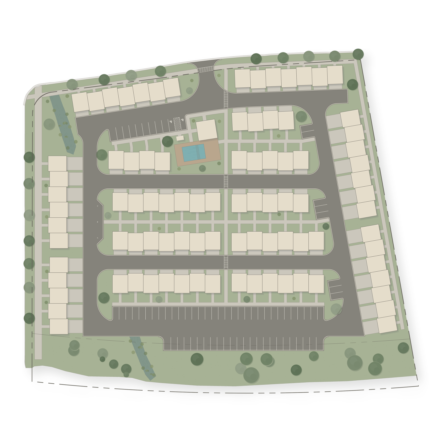 A detailed top-down map of an apartment complex showing residential buildings, parking lots, roads, green spaces, trees, and a swimming pool.