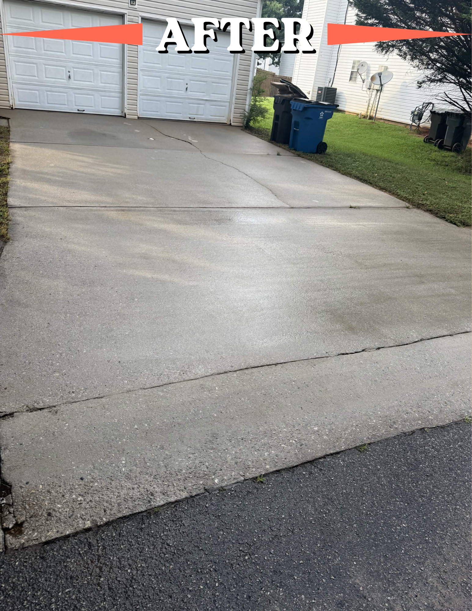 Concrete driveway with hands and a gray cart, leading to a white garage door. Part of a house with siding and satellite dishes in the background. Text overlay reading 'AFTER' with orange flags.