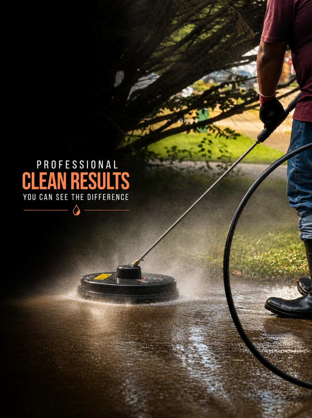 A person pressure washing a concrete surface outdoors with trees and grass in the background. The person is wearing gloves, jeans, and black boots. Text overlay reads, 'Professional clean results, you can see the difference.'