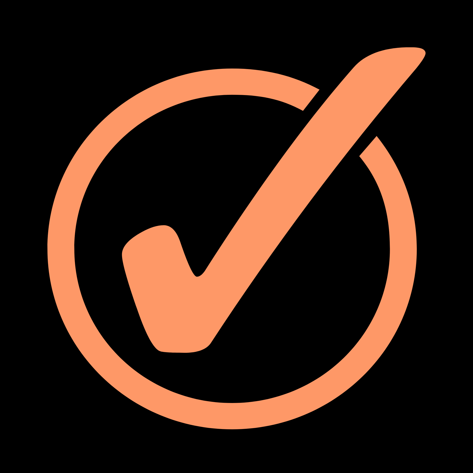 Close-up of a black logo with a stylized orange check mark inside a circle on a black background.