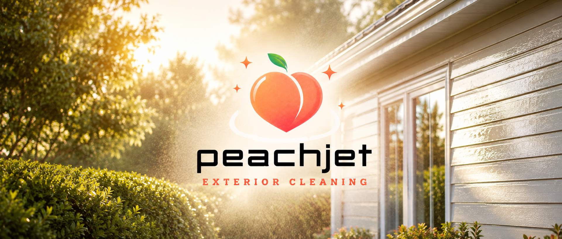 Sunlight shining on a house with exterior siding, with a logo for Peachtet Exterior Cleaning featuring a stylized peach with a green leaf and sparkles, and the company name below.