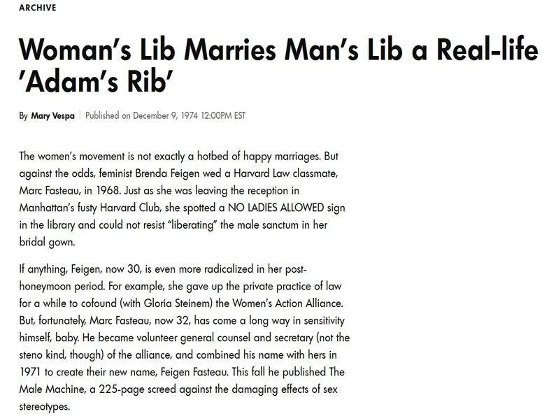 Archival newspaper article titled "Woman's Lib Marries Man's Lib a Real-life 'Adam's Rib'" by Mary Vespa, published December 9, 1974. The article discusses evolving gender roles and feminism, mentioning Brenda Feigen, Marc Fasteau, and Gloria Steinem, highlighting their activism and personal story.