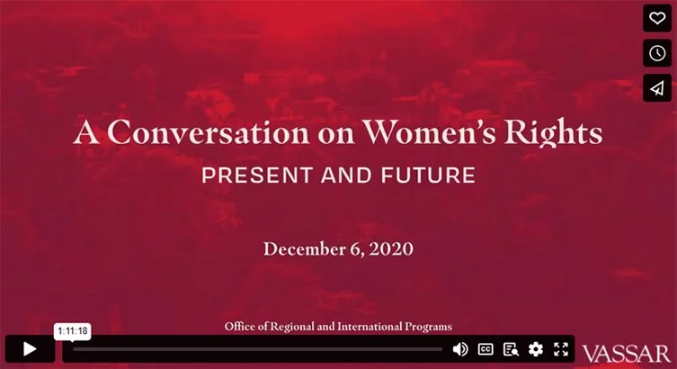 Title slide for a presentation titled "A Conversation on Women's Rights: Present and Future," dated December 6, 2020, by the Office of Regional and International Programs at Vassar.