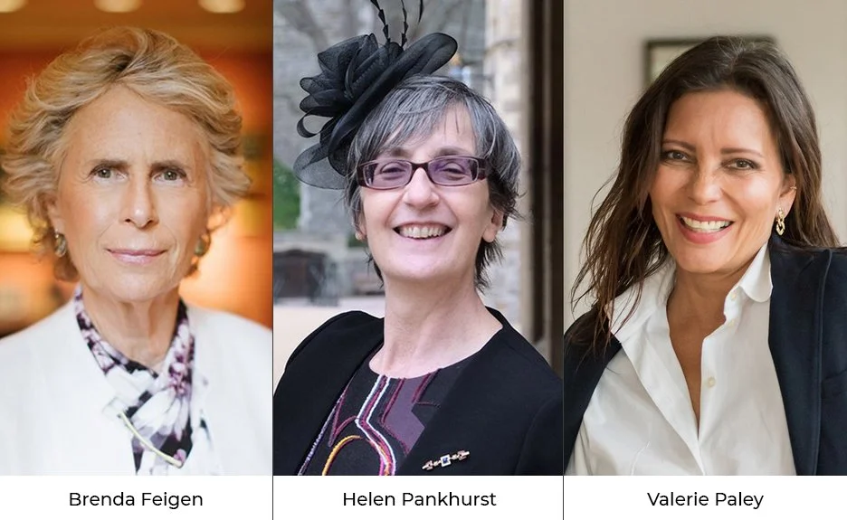Three women smiling: Brenda Feigen on the left, Helen Pankhurst in the middle, and Valerie Paley on the right.