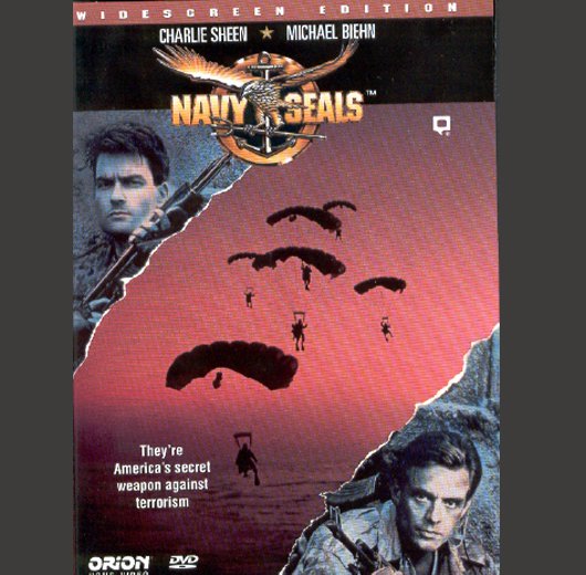 DVD cover for the movie 'Navy SEALS' featuring Charlie Sheen and Michael Biehn, with parachutes descending in the background and two soldiers at the bottom.