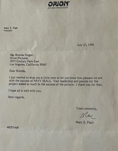 Letter from Marc E. Platt, dated July 27, 1990, to Brenda Feigen of Orion Pictures, praising her leadership on the NAVY SEALS project.