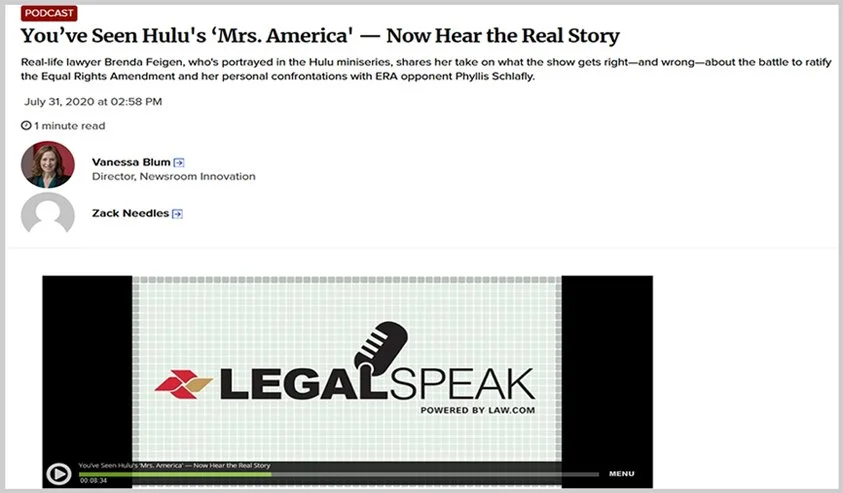 Screenshot of a podcast article about Hulu's 'Mrs. America' with a logo for 'Legal Speak' at the bottom featuring a microphone icon.