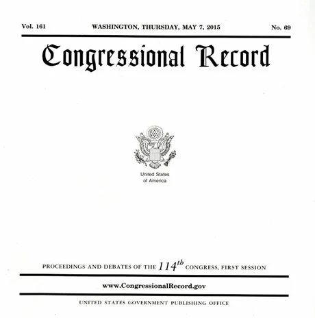 Cover page of a U.S. Congressional Record from May 7, 2015, featuring the title, volume, and session details, with the Great Seal of the United States.