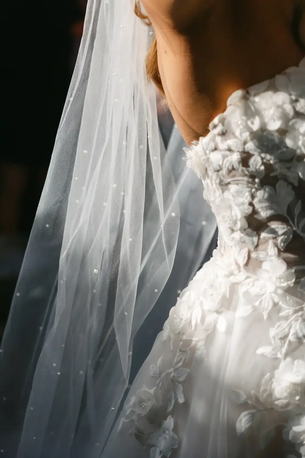 Close-up of a bride in a wedding gown with floral appliqué and a veil, standing before a window with sunlight.