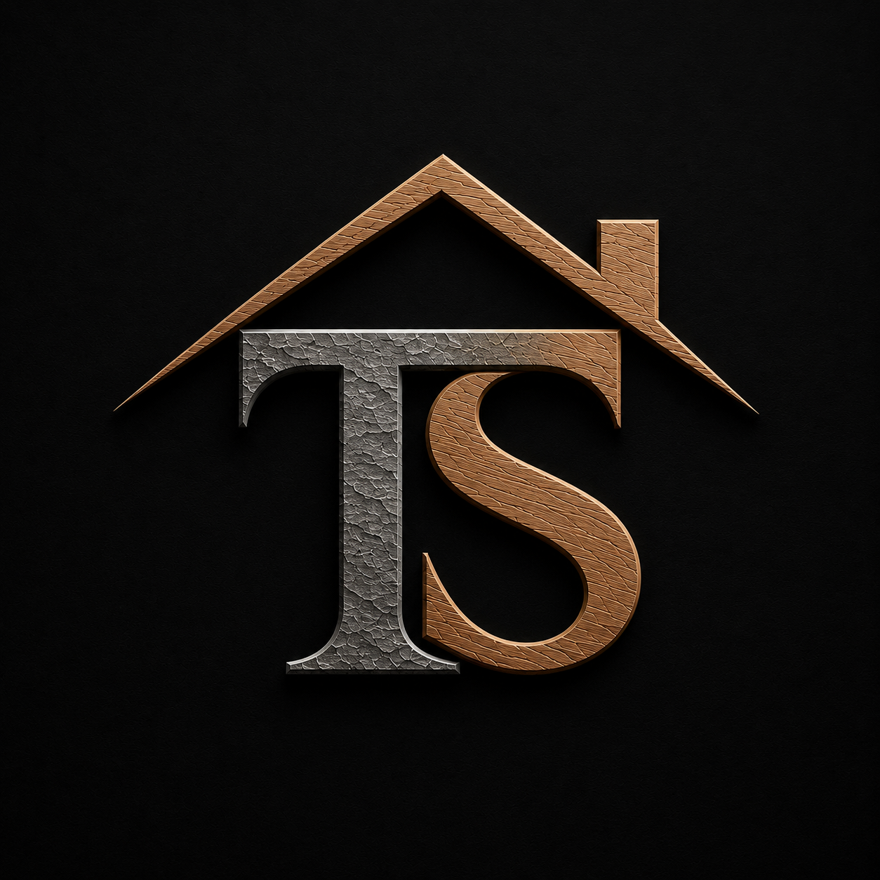 Logo featuring a house roof outline above the letters T and S, with T in a textured gray finish and S in a textured wood finish, on a black background.