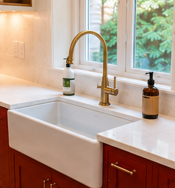 Kitchen sink with gold faucet, soap dispenser, and soap bottle near window with greenery outside.