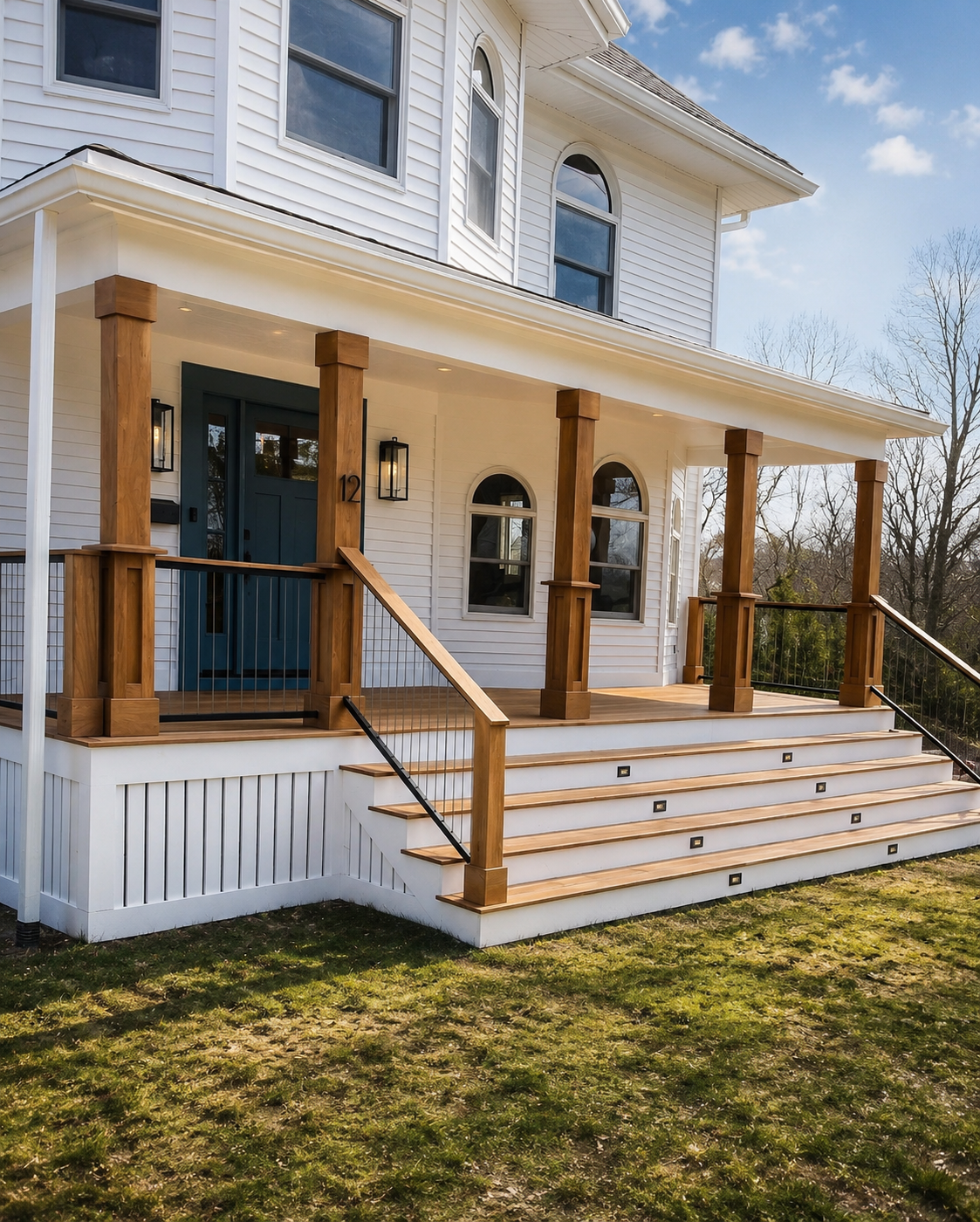 Front porch of a white two-story house with wooden railings and steps, blue front door, and several arched and rectangular windows, surrounded by trees and a partly cloudy sky.