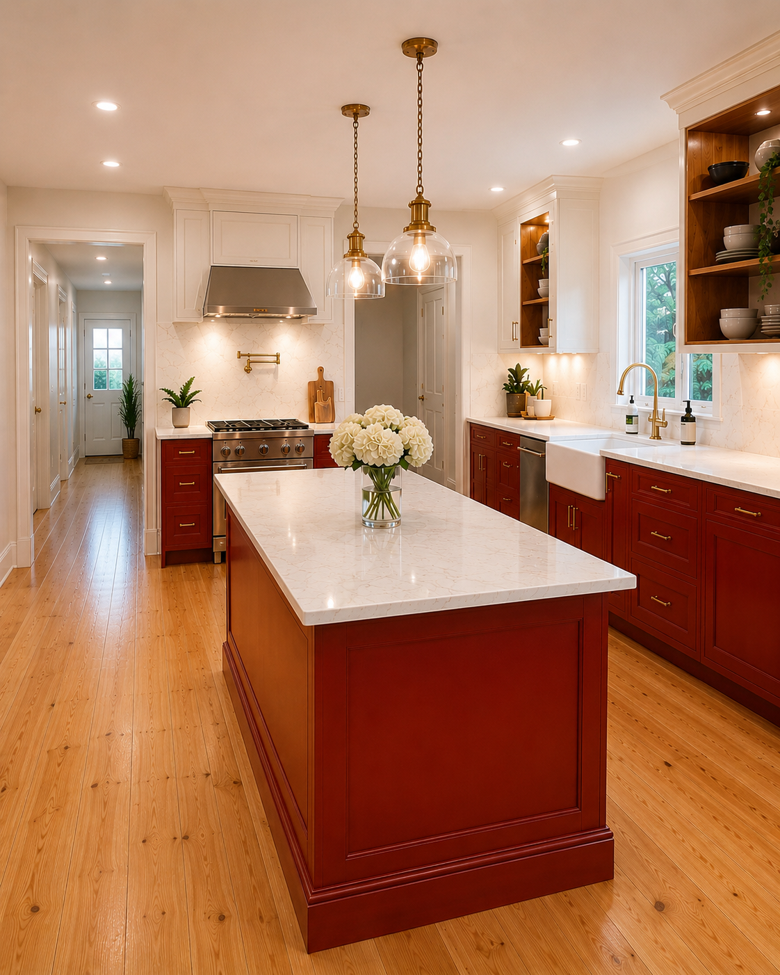 Modern kitchen with white upper cabinets, red lower cabinets, a large marble island with a flower vase, open wooden shelving, and a window above the sink.
