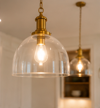 Close-up of two hanging pendant lights with glass domes and brass fittings in a room interior.