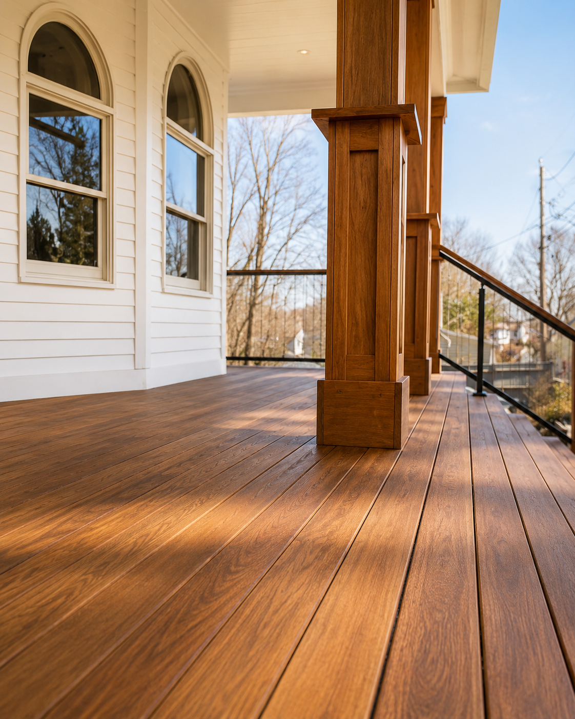 Look at this image of a wooden porch. There are two beige-colored homes with arched windows. Trees with no leaves are visible in the background, indicating it is fall or winter.